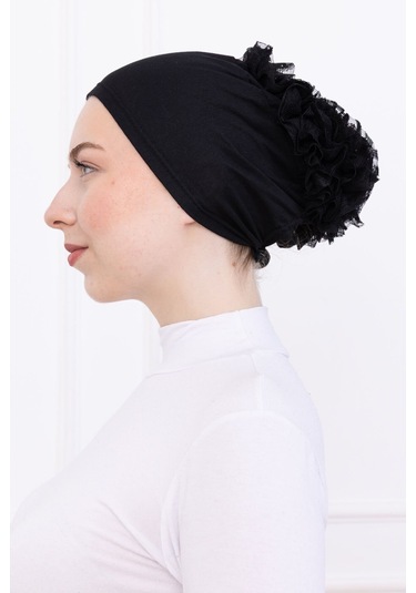 Fırfırlı Önden Dikişli Penye Bone - Kadın Tesettür Bağlamalı Topuz İç Bone-siyah Siyah