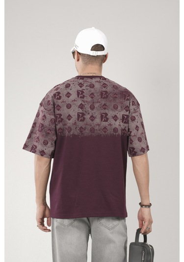 King-Brich Oversize Kalıp Logo Baskılı Bisiklet Yaka Basic Tişört Bordo