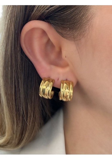 Vintage Çizgili Yarım Halka Çelik Kararmaz Küpe Çifti Altın