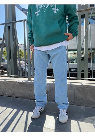 Buz Mavisi Baggy Df Erkek Jean Pantolon Mavi