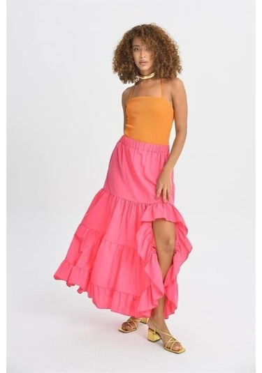 Audrey Fıfrlı Yırtmaç Detay Etek 4037 Fuşya