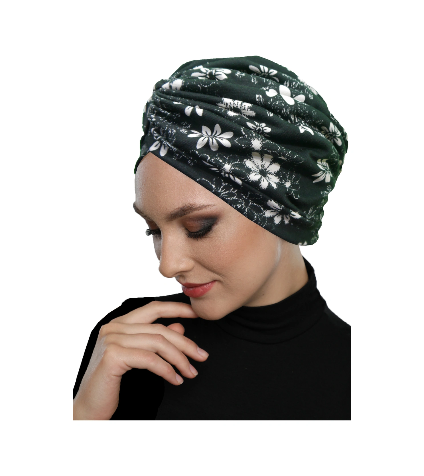 Midnight Blossom Desenli Çapraz Ve Bant Detaylı Astarlı Hazır Türban Tesettür Havuz Bonesi Siyah-ekru