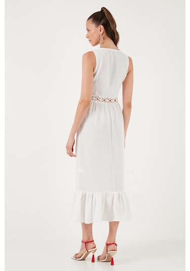 Lela Regular Fit Volanlı Kolsuz Midi Bayan Elbise 611El574 Ekru