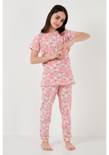 Lela % 100 Pamuk Bisiklet Yaka Kısa Kollu Kız Çocuk Pijama Takımı 6651004 Pembe