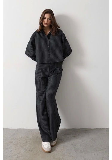 Çizgili Gömlek Pantolon Takım - Lacivert Lacivert