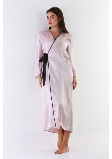 Laperissa Kadın Pudra Saten Dokuma Sabahlık Siyah Kuşaklı Şık Ve Zarif Ev Giyim Pudra