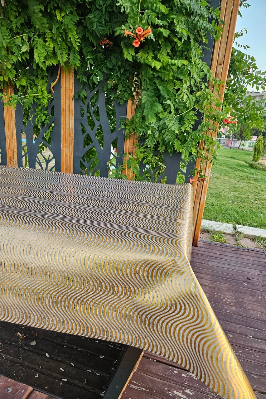 Rona Home Hasır Desen Paralel Şeffaf Pvc Masa Örtüsü Silinebilir Muşamba Sofra Bezi Lüx Hasır Su Geçirmez. Gold