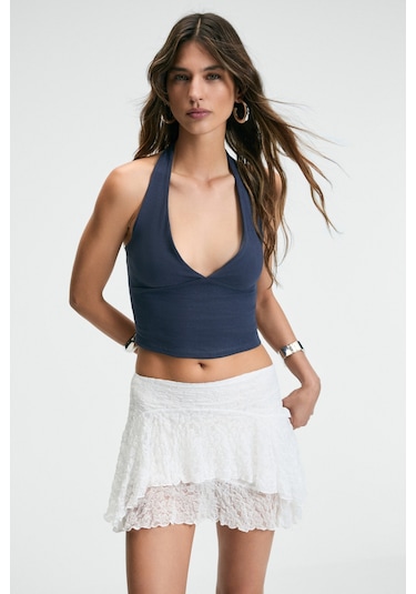 Grimelange MORIENNE Kadın Halter Yaka Kalın Askılı Sırtı Açık Crop Lacivert Bluz