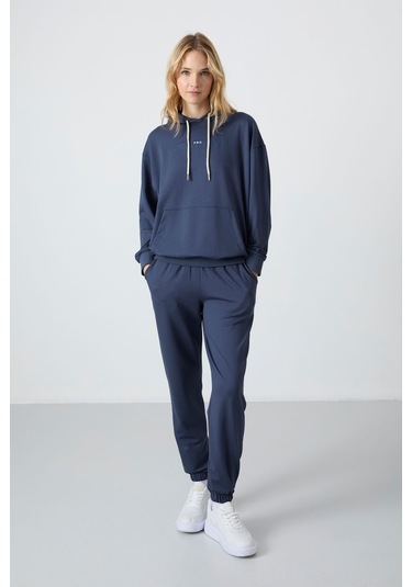 Tommy Life Petrol Kapüşonlu Kanguru Cep Oversize Lastik Paça Kadın Eşofman Takımı - 95288 Petrol