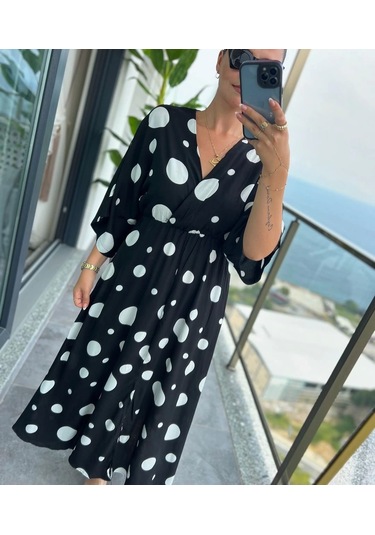 Kadın Puantiyeli Kruvaze Uzun Elbise Desenli