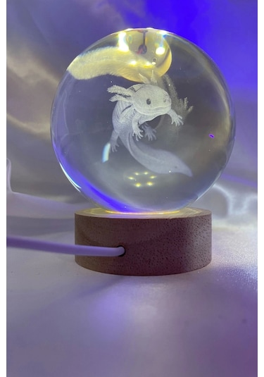 3d Led Işık Cam Küre Tek Renk Gece Lambası Axolotl Mucizevi Yenilenme 8 Cm Mega Boy