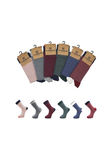 Erkek Çok Renkli Soket Uzun Çizgili Desenli Çorap Dikişsiz 6'lı Paket Çok Renkli