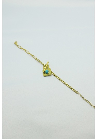 Altın Kaplama Seri Kararmaz Turkuaz Taşlı Kilit Çelik Bilek Gold Altın