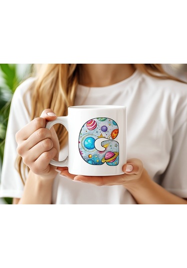 G Baş Harf Gezegen Desenli Kupa Bardak - Kişiye Özel Evren Temalı Kahve Çay Kupası - Gökyüzü Beyaz
