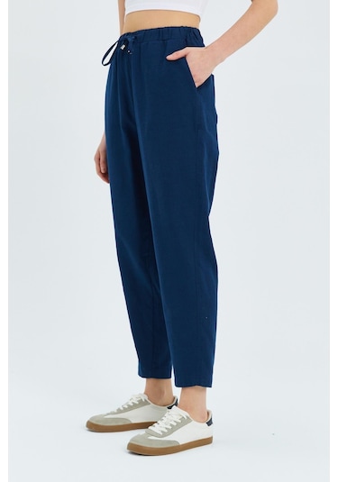 4566 Kadın Lastikli Bel Keten Pantolon Lacivert Lacivert
