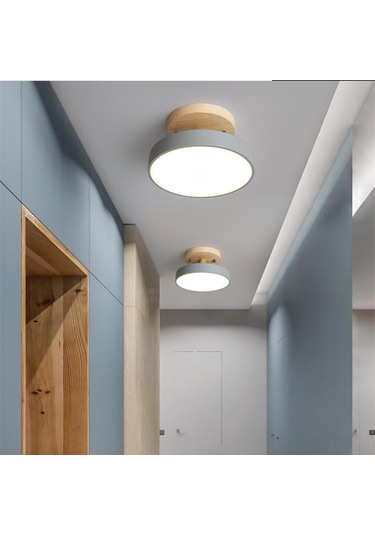 Symbee Gri Ahşap Giriş Cephe Lambası - 18cm Çaplı Modern Minimalist Tavan Işığı, Üç Renkli Işık, Balkon Ve Koridor İçin Gri