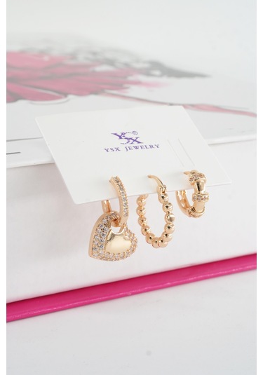 By Zeyna Aksesuar Kadın Vip Seri Baget Zirkon Taşlı 3'lü Küpe Seti-4279 Altın