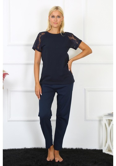 Akbeniz Kadın Kolu Dantelli Penye Pijama Takım 4150 - S Lacivert