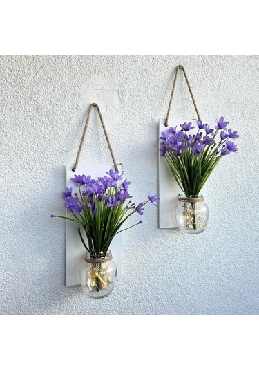 Led Işıklı, Lila Nergis Çiçekli Duvar Dekoru Beyaz İkili Set Beyaz