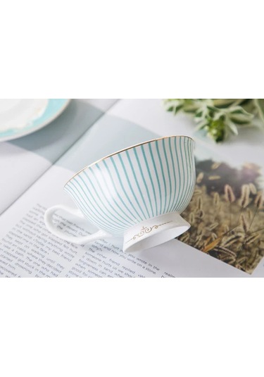 Myinkai 3-piece Set Mavi Çizgili İngilizce Kemik Çini Kahve Açık Mavi