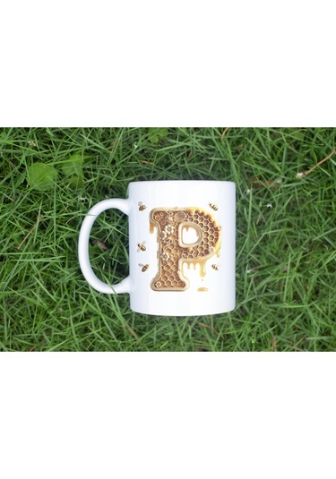 P Harfi Bal Arısı Tasarım Kupa Bardak - Bal Ve Petek Desenli Kişiye Özel Kahve Kupası - Hediyelik Beyaz