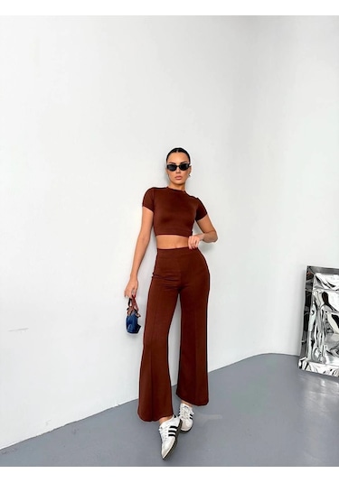 Osy Modal Yumuşak Dokulu Kumaş Kısa Kollu Crop Alt İspanyol Paça Pantalon İkili Takım - Kahverengi Çok Renkli