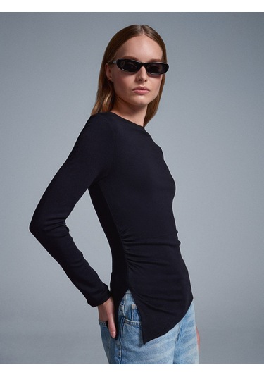 Dilvin 32198 Kayık Yaka Büzgülü Top-siyah Siyah