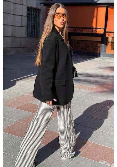 Madmext Siyah Çizgili Straight Fit Kadın Eşofman Altı Mg2786