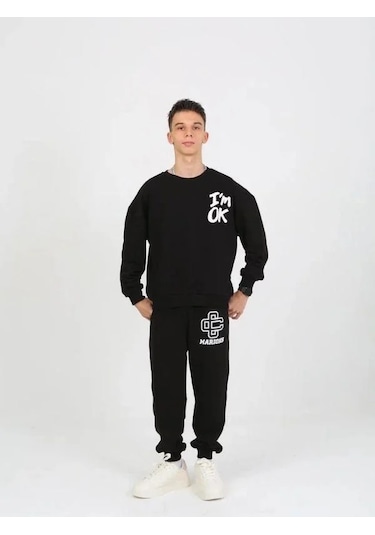 Çocuk I'm Ok Yazılı 2 İplik Sweatshirt-15233 Siyah