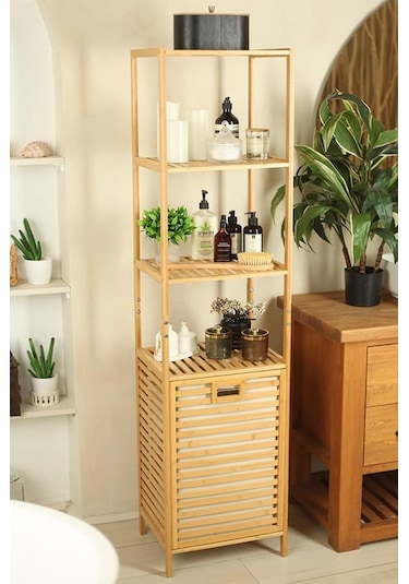 Digithome Bambu Kirli Sepetli 4 Raflı Çok Amaçlı Banyo Düzenleyici Çamaşır Sepeti Organizer Db-0009 Ahşap