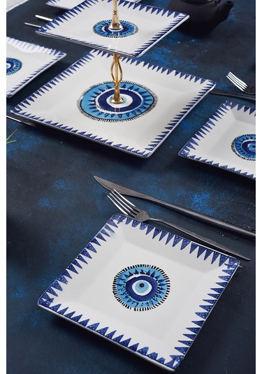 Piatti Naturali İkram Seti Nazar Çift Katlı Sunum Tabağı & 6 Lı Tatlı Tabağı