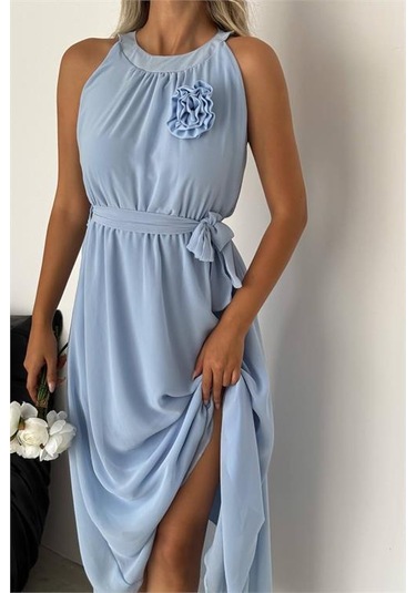 Kadın Astarlı Sıfır Kol Şifon Elbise Dpnbk2144 Mavi