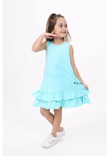 Toontoy Kız Çocuk Palmiye Baskılı Fırfırlı Elbise Su Yeşili