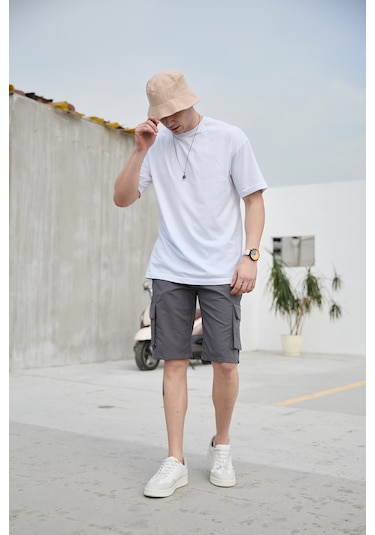 Antrasit Renk Kargo Cepli Paraşüt Kumaş Erkek Şort-1559 Antrasit