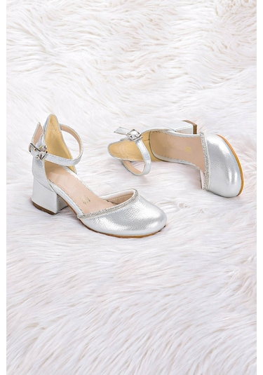 Kiko Kids 771 Taşlı Kız Çocuk 5 Cm Topuklu Sandalet Ayakkabı Gümüş 001