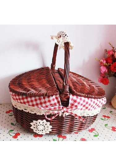 Pazly Cbtx Açık Dokuma Piknik Sepeti Pamuk Keten Kumaş Hasır S Kırmızı Izgara Kahverengi Renk Ahşap