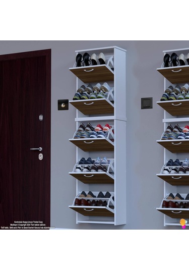 Modilayn Verve Asma Kapı Önü 52x194x26 Cm Lik 3 Düşer Kapak 10 Göz Bölmeli Ayakkabılık Ceviz - Beyaz