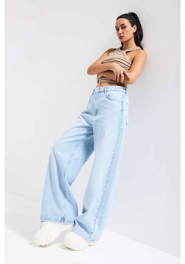 Itsbasic Kadın Ice 4s6-3 Süper Baggy Fit Bol Kesim Orta Bel Denim Jean Buz Mavi