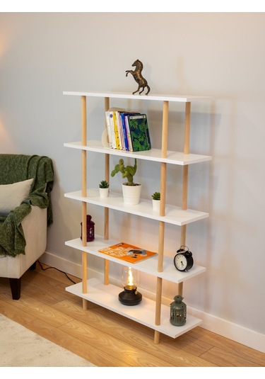 5 Raflı Modern Dekoratif Kitaplık Klasörlük Mutfak Rafı Kiler Çok Amaçlı Düzenleyici - Beyaz Beyaz