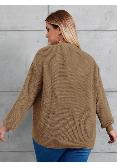 Defymoda Kadın Beş Düğme Büyük Beden Triko Hırka Kahve