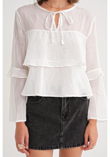4735 Kadın Uzun Kollu Fırfırlı Bağlamalı Bluz Beyaz Beyaz