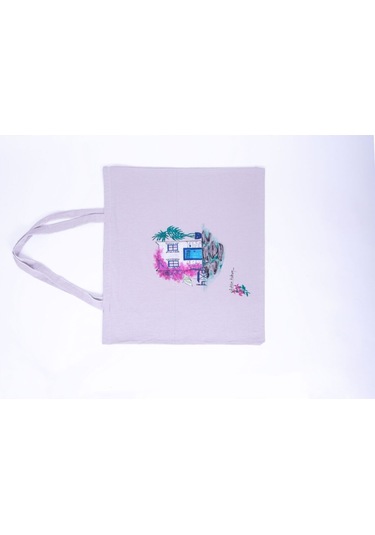 Özel Tasarım Handmade Bez Çanta Açık Gri Ve Beyaz, Pembe