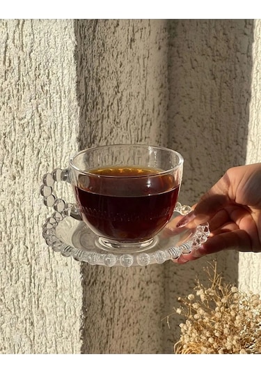 Çeyizci Çarşı 12 Parça Incili Boncuklu Nescafe Ve Çay Fincanı Takımı Şeffaf
