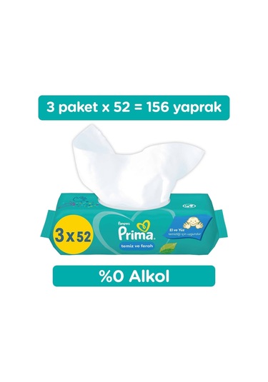 Prima Temiz Ve Ferah Islak Mendil 3 Paket 156 Yaprak Islak Mendil