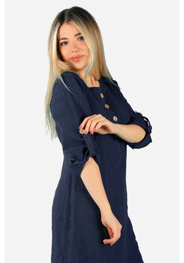 Keten Midi Elbise Lacivert