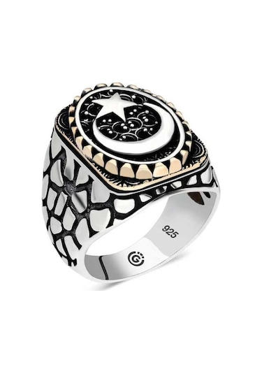 Gümüş Ay Yıldız Oval Erkek Yüzük (546038622)