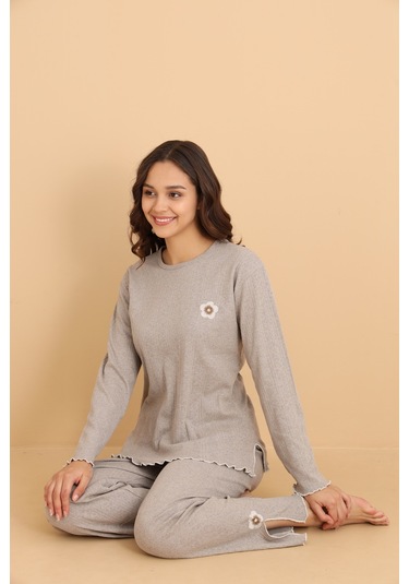 Mr-8602 Pointel Kumaş Mevsimlik Günlük Çiçekli Kadın Pijama Takımı Vizon