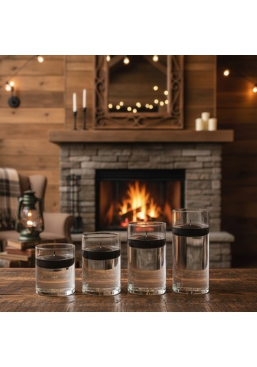 4 Lü Vazo + 12 Adet Çap 5 Cm Siyah Yüzen Mum Siyah