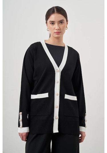 Mizalle Şeritli Rayon Siyah Hırka Siyah