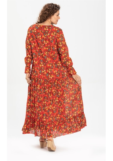 Uzun Kol Vual Gonca Uzun Elbise Tomurcuk Desen Turuncu 6168